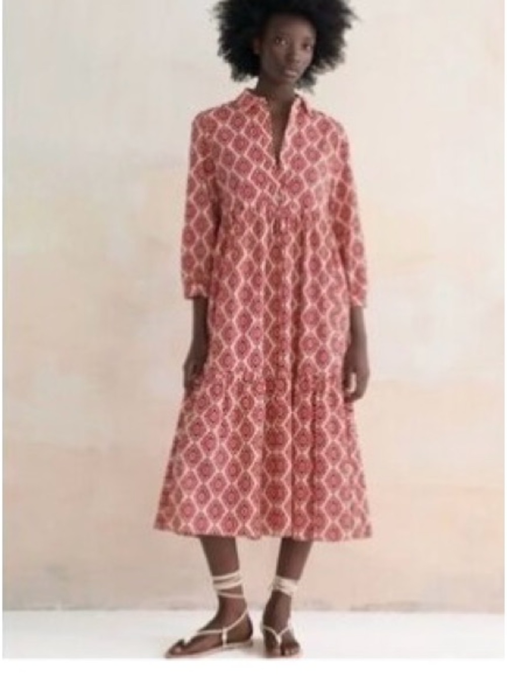 Zara size small cotton Red Geo Print Long-Sleeve Shirt Dress